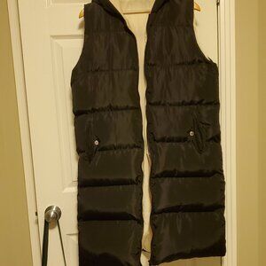 Like New Long Black Puffer Vest With Hood